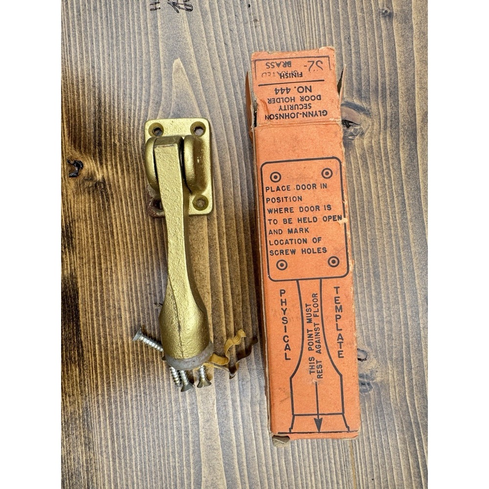 Glynn Johnson No 444 Security Door Holder Brass Vintage NOS Original Box Screws